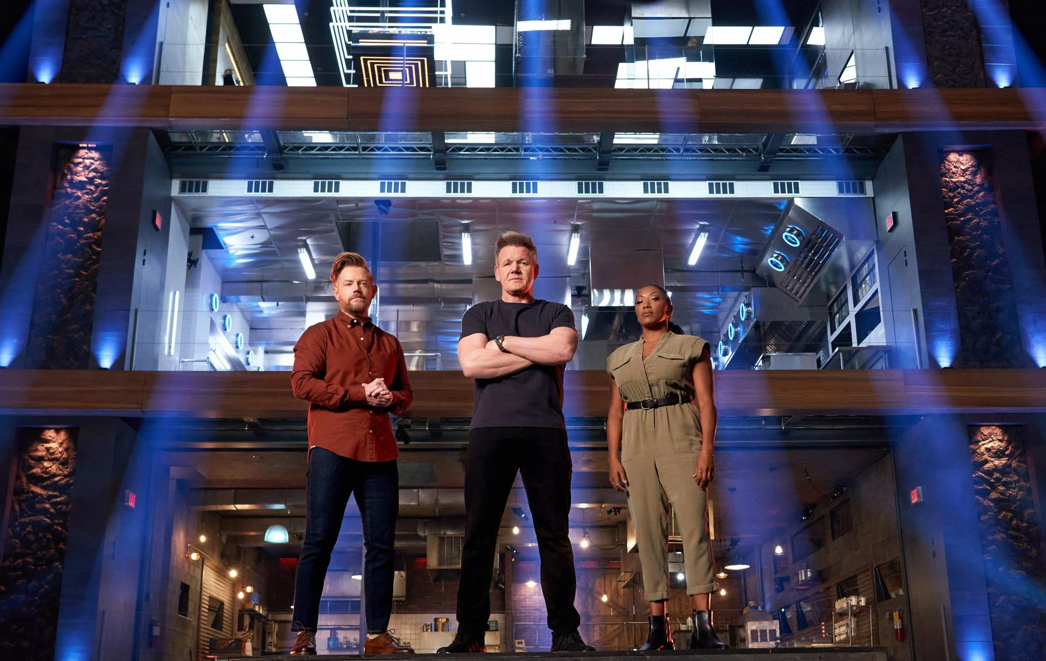  NEXT LEVEL CHEF: (L-R) Mentors Richard Blais, Gordon Ramsay and Nyesha Arrington. Epic culinary gauntlet, NEXT LEVEL CHEF premieres following NFL on FOX doubleheader, Sunday, January 2, on FOX. CR: Michael Becker / FOX. ©2021 / 2022 FOX Media LLC. 