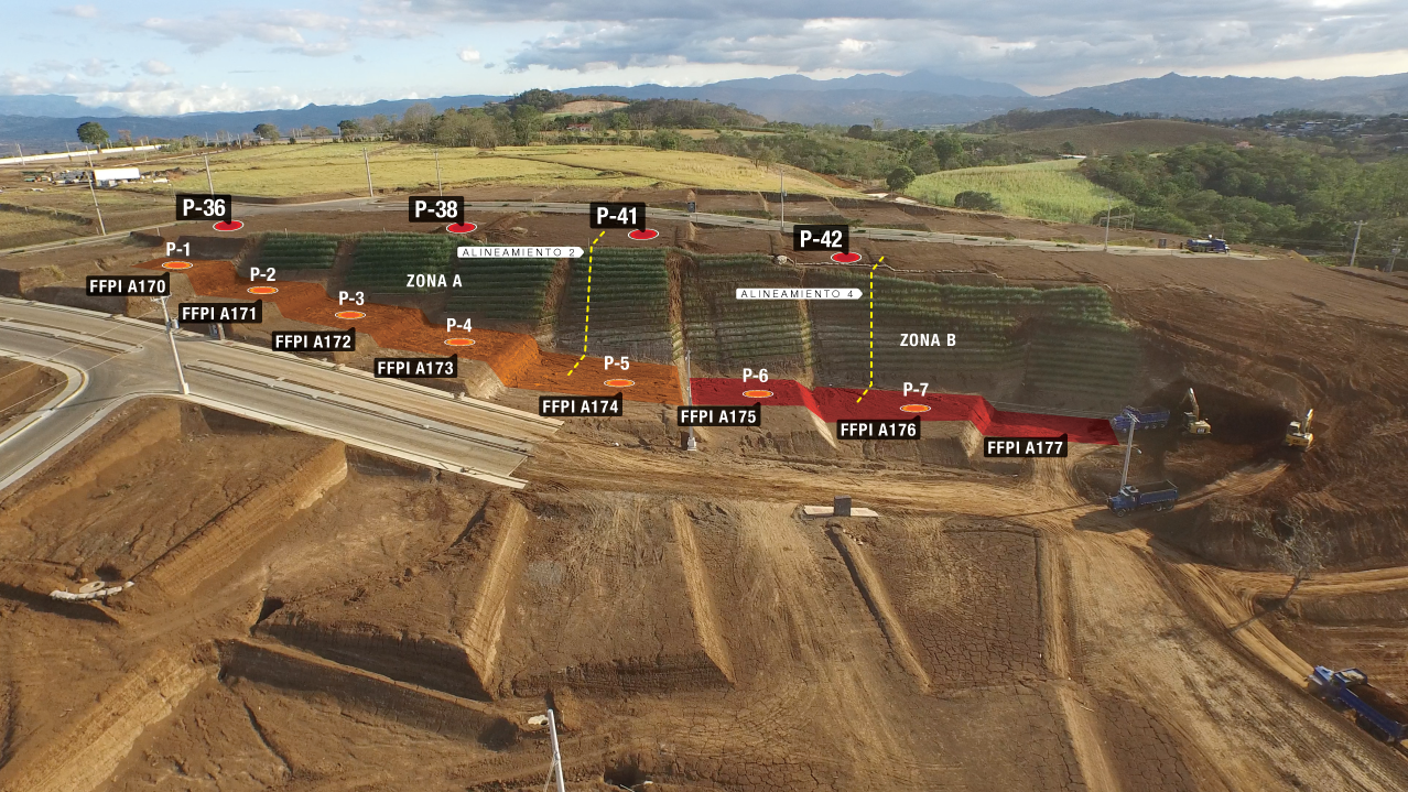 Esquema de la campaña de investigación, vista aérea del talud analizado. 