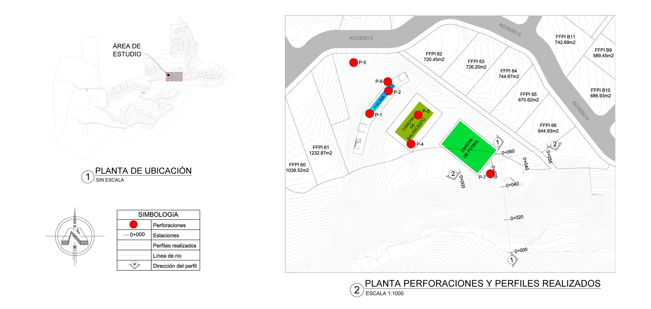 Esquema del área de estudio, planta de perforaciones y perfiles realizados.
