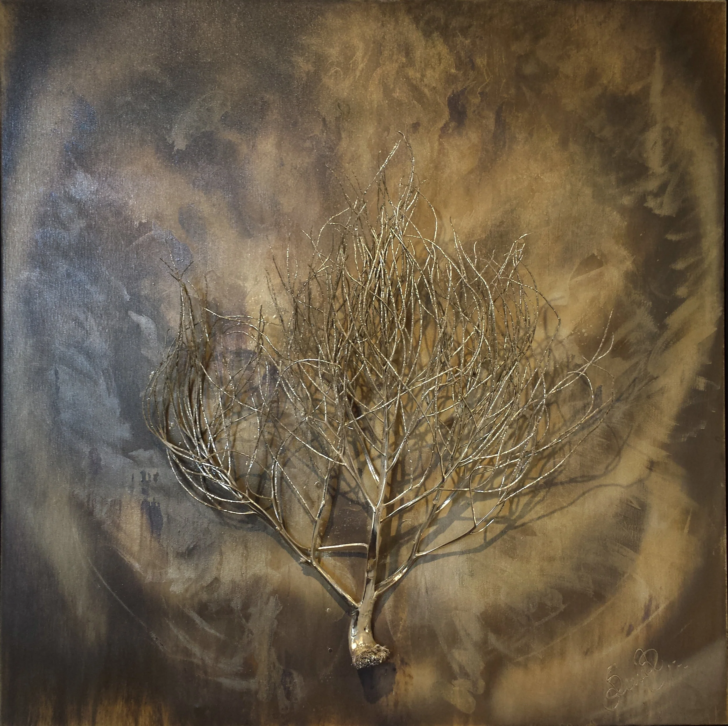 Burning Bush - Silver on Organic collage and canvas - 48” x 48”