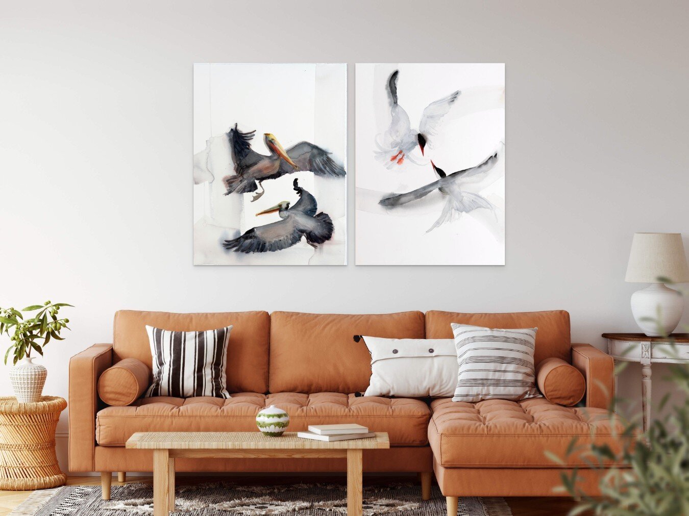 Organic colors and movement bring your living room decor to life. &quot;Transform your room with 'Pelicans' and 'Terns.' 🌿🖌️ Organic colors and fluid movement breathe life into any space. Have you felt the shift art brings to a room? Let's talk abo