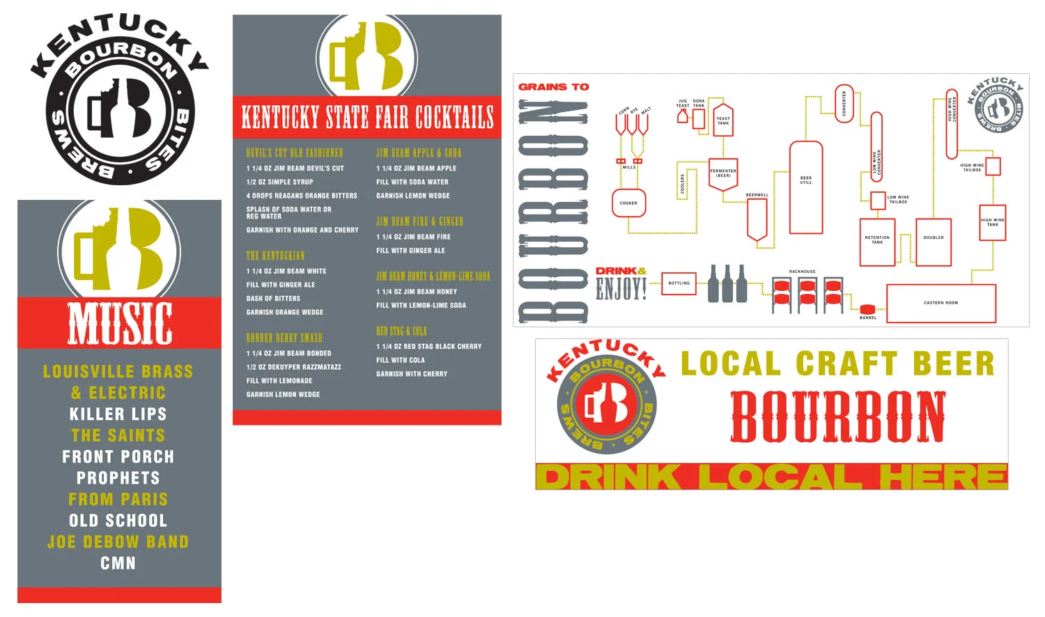 Kentucky Bourbon, Bites & Brews (At the Kentucky State Fair 2015) Client: Six Row Events Project: Brand Development, Merchandise, Signage (Including Bourbon Diagram).