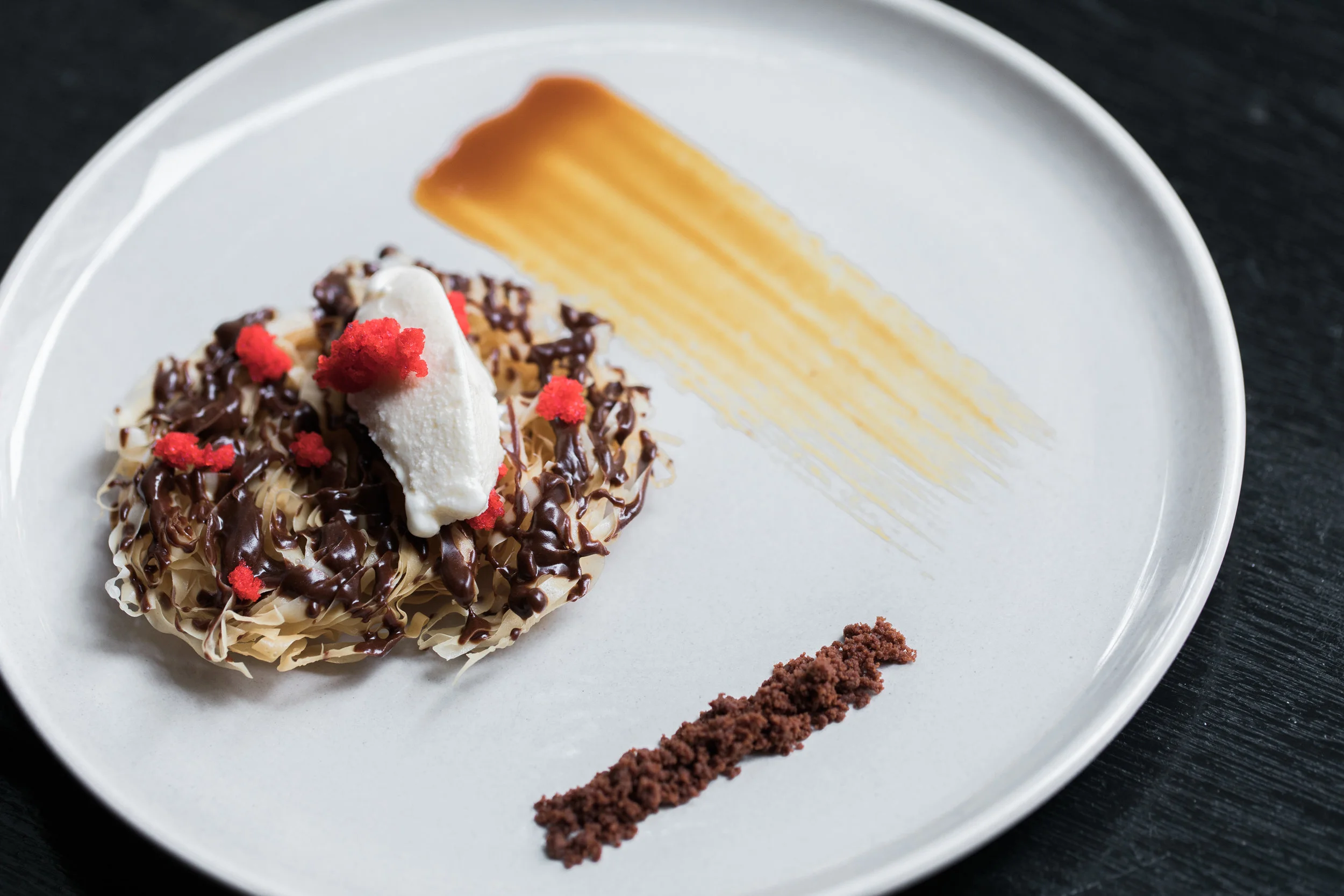 Phyllo Nest, Gianduja. Dehydrated Cherry Dust, Choco Cookie Crumble, Vanilla Cream Quenelle -- dessert .jpg