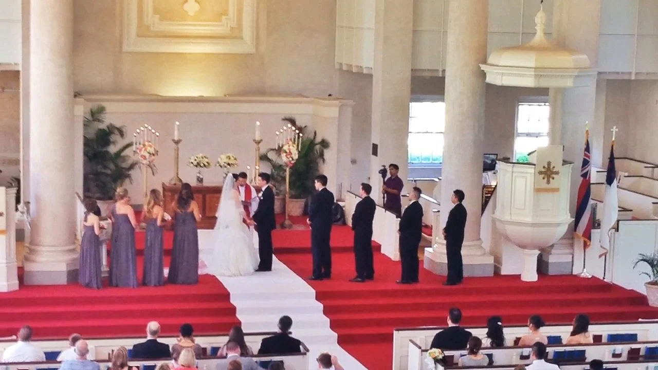 Chad & Jee Hae, Central Union Church and Hau Terrace, Halekulani Hotel, Waikiki Wedding