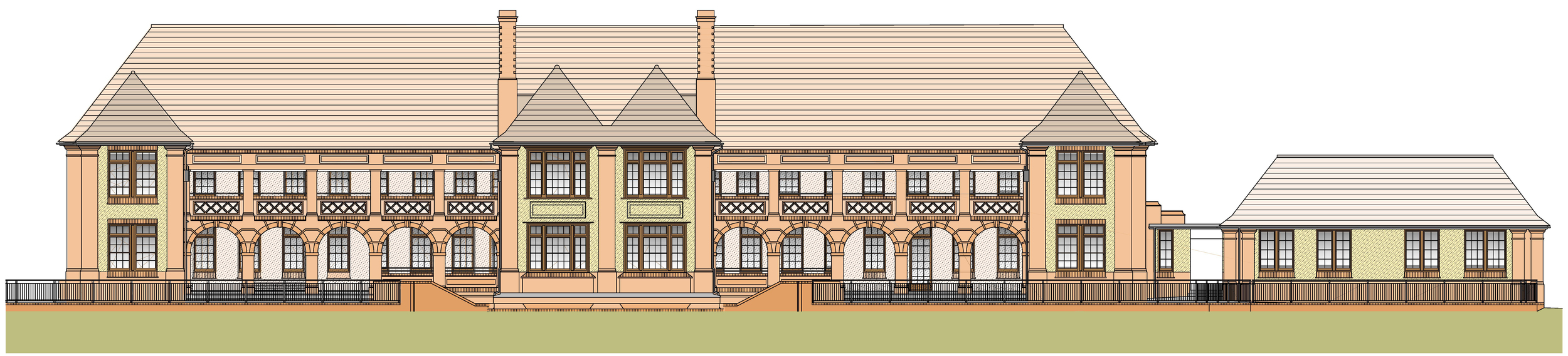  Architectural presentation drawing, showing the front elevation of the Bartlet and side annexe,&nbsp;as proposed prior to the redevelopment 