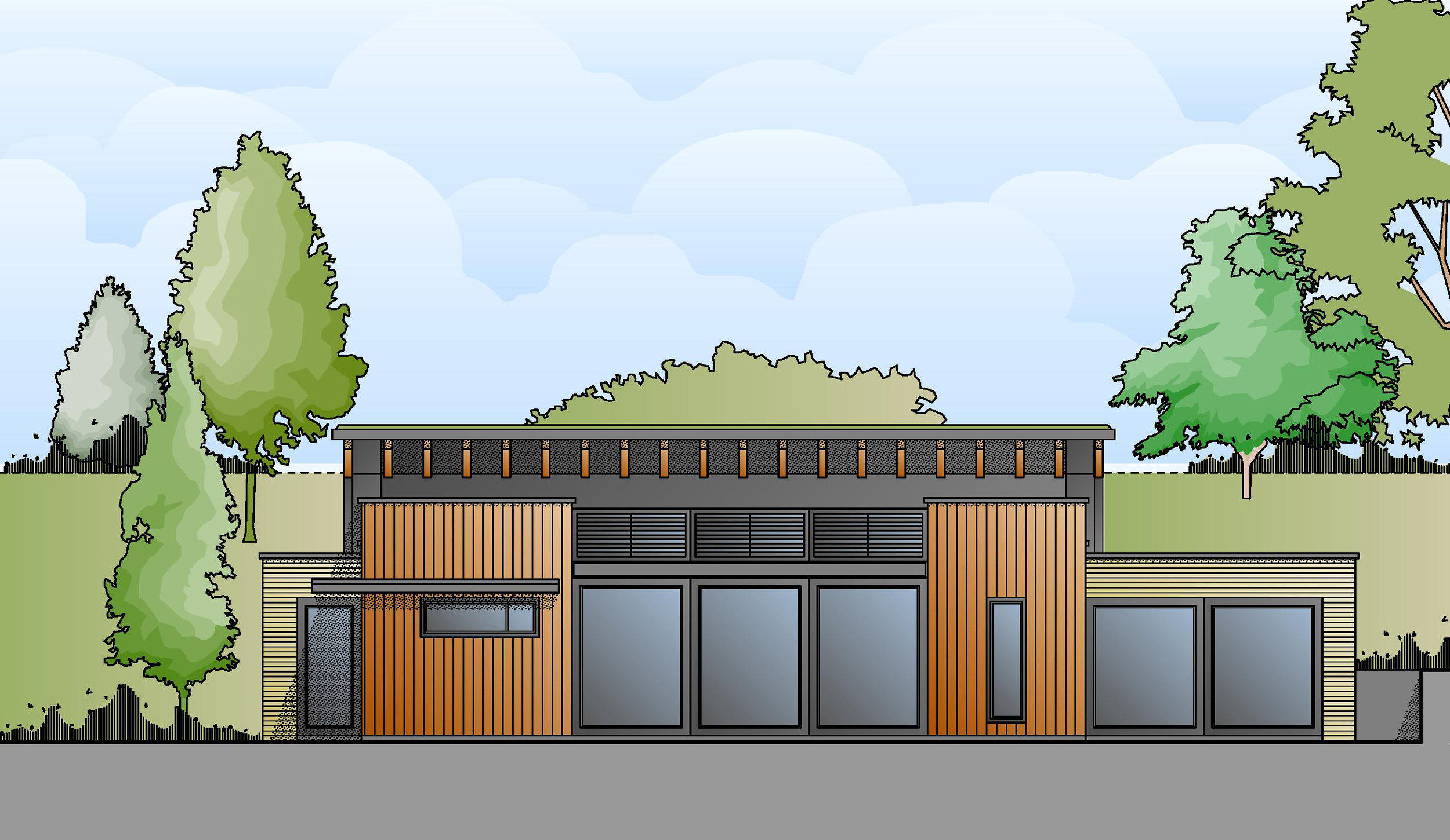 The north elevation shows the contemporary materials to be used in the design - high quality aluminium fenestration, light buff brickwork and natural larch cladding.