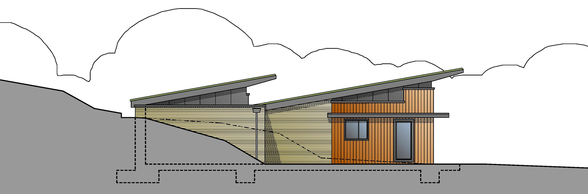 Being partially cut into the hillside limits the impact of the house on the neighbouring listed building and the local planning department were impressed with the "eminently high design quality, utilising a green sedum, mono-pitch roof form and partial earth sheltering to substantially reduce the visual intrusion from the roadside."