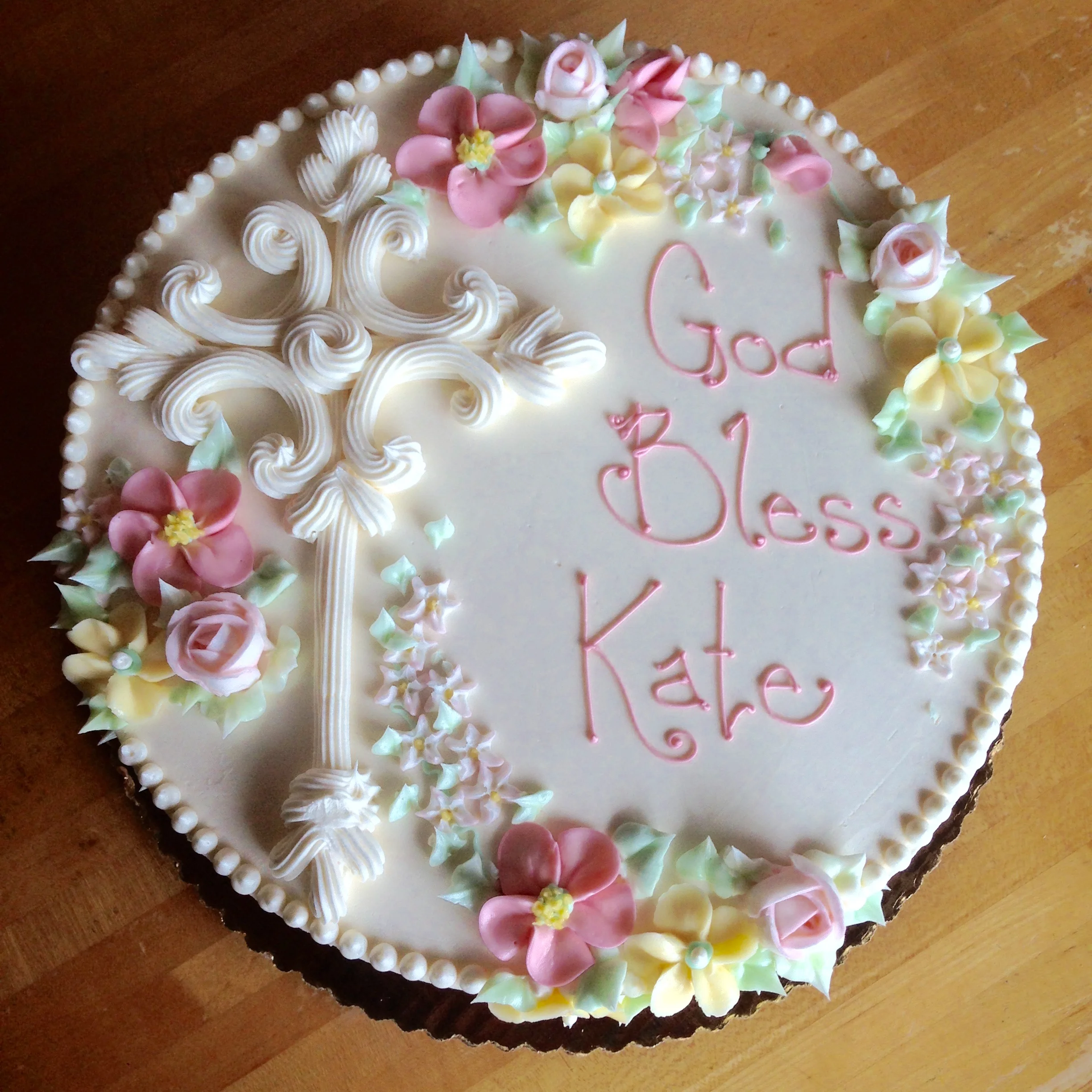 White Buttercream Cross with Daisies and Roses 2