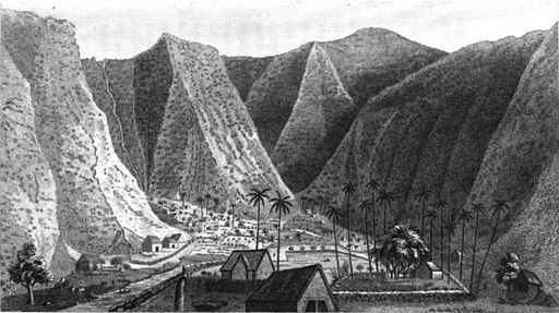 The Valley of Waipio from the Sand Hills on the Beach Illustration from Missionary William Ellis' journal, from Ellis' tour through Hawaii from 1822 to 1823, published in 1827