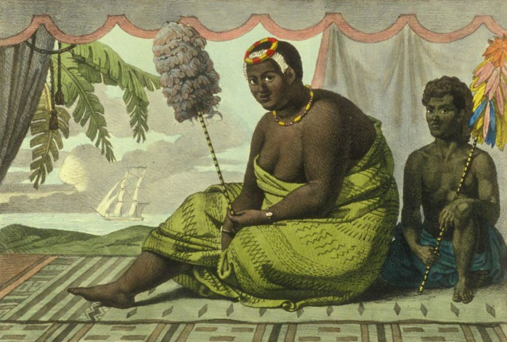  Queen Ka’ahumanu with her servant on rug , lithograph by Jean-Pierre Norblin de la Gourdaine after painting by Louis Choris