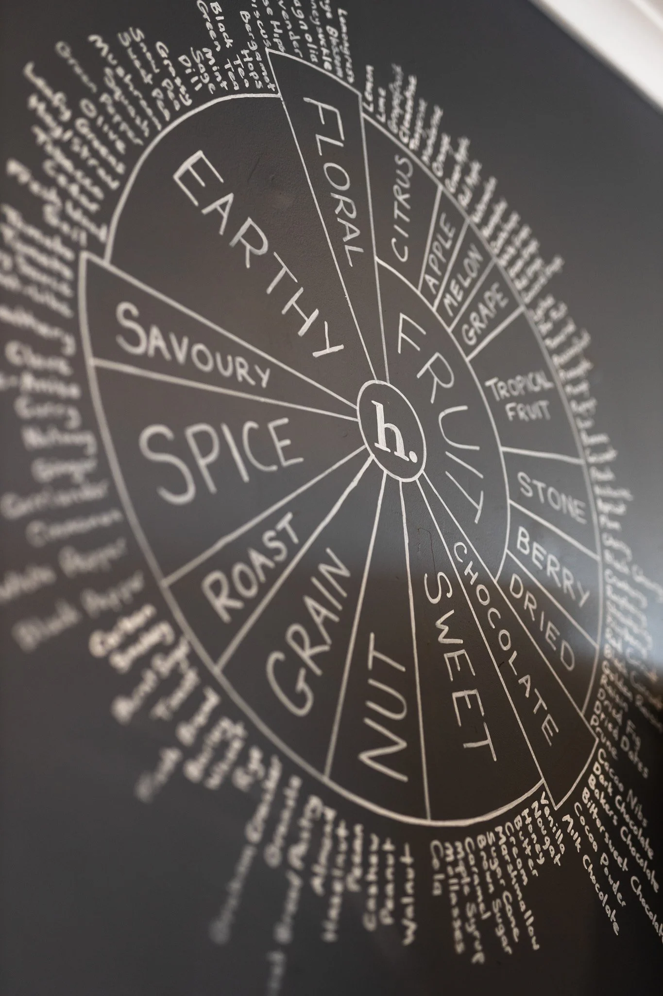 A circular chalkboard with sections describing various flavor profiles, including categories like Earthy, Fruity, and Spicy, for what appears to be a flavor wheel or tasting chart.