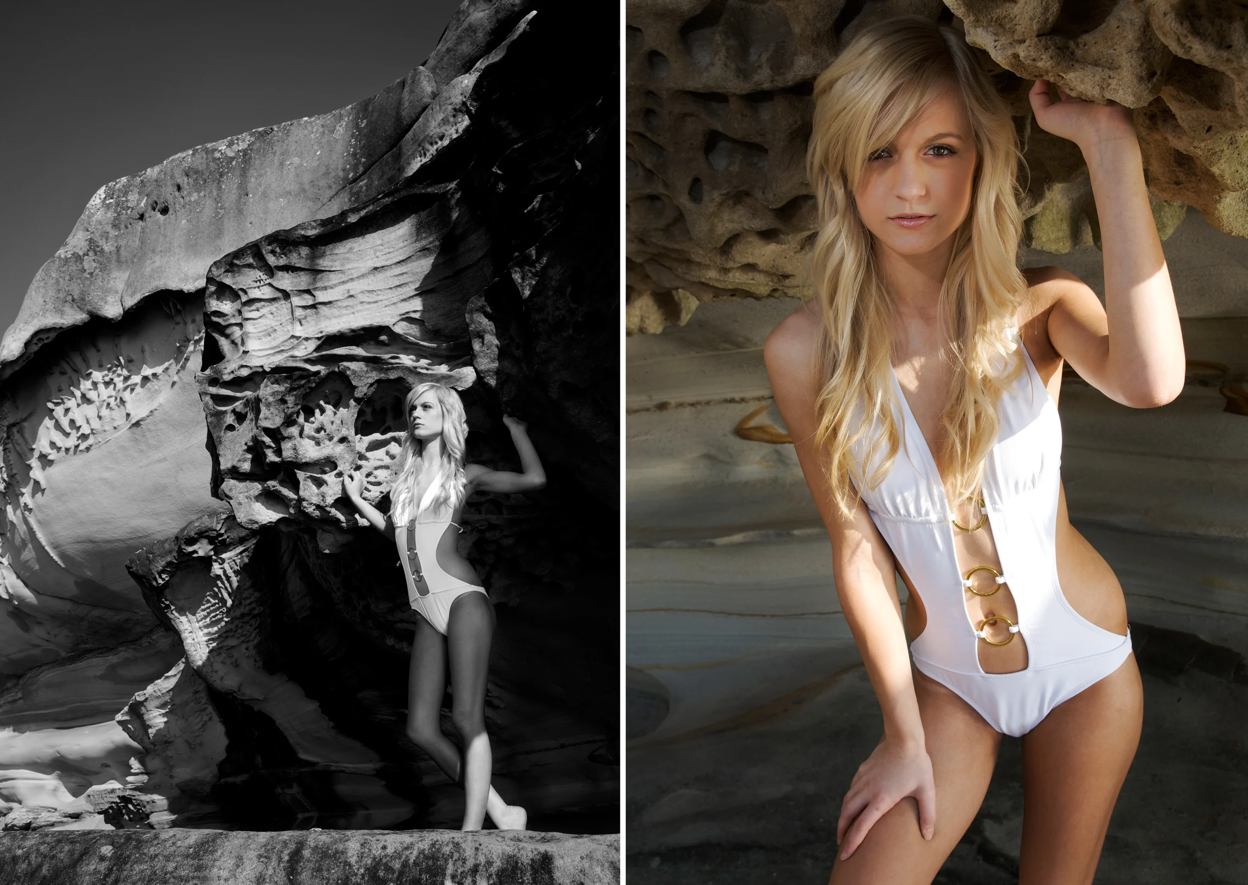Side-by-side images of a blonde woman in a white swimsuit with ring details, posing amidst rocky natural formations. The left image is a black-and-white photograph showing her standing in front of a large stone sculpture with intricate carvings, whil