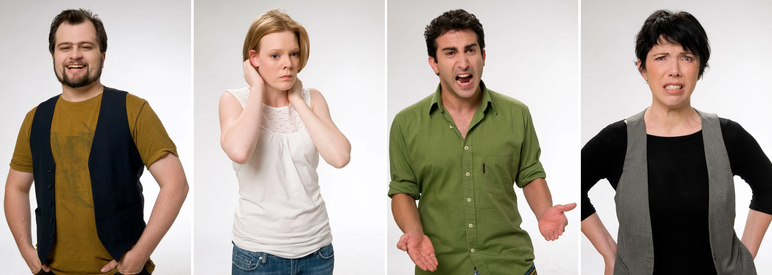 Four people, two men and two women, each displaying different facial expressions and body language, against a plain white background.