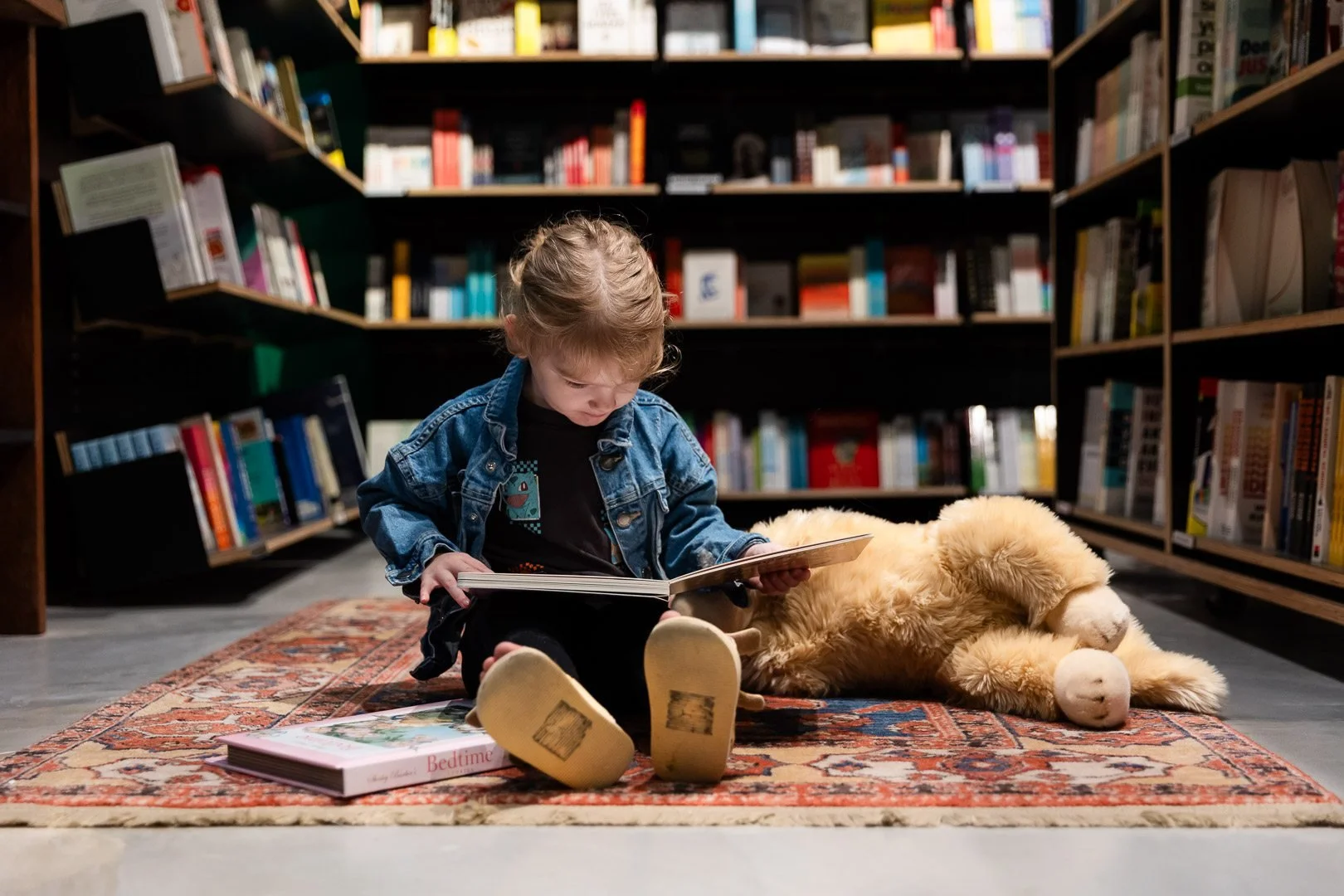A young girl sitting on a patterned rug in a bookstore or library, reading a book. A large stuffed lion lies beside her. Bookshelves filled with books are in the background.