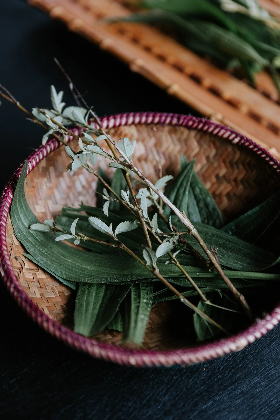 A woven basket with green leaves and a small branch with silvery-gray leaves inside, on a dark surface.