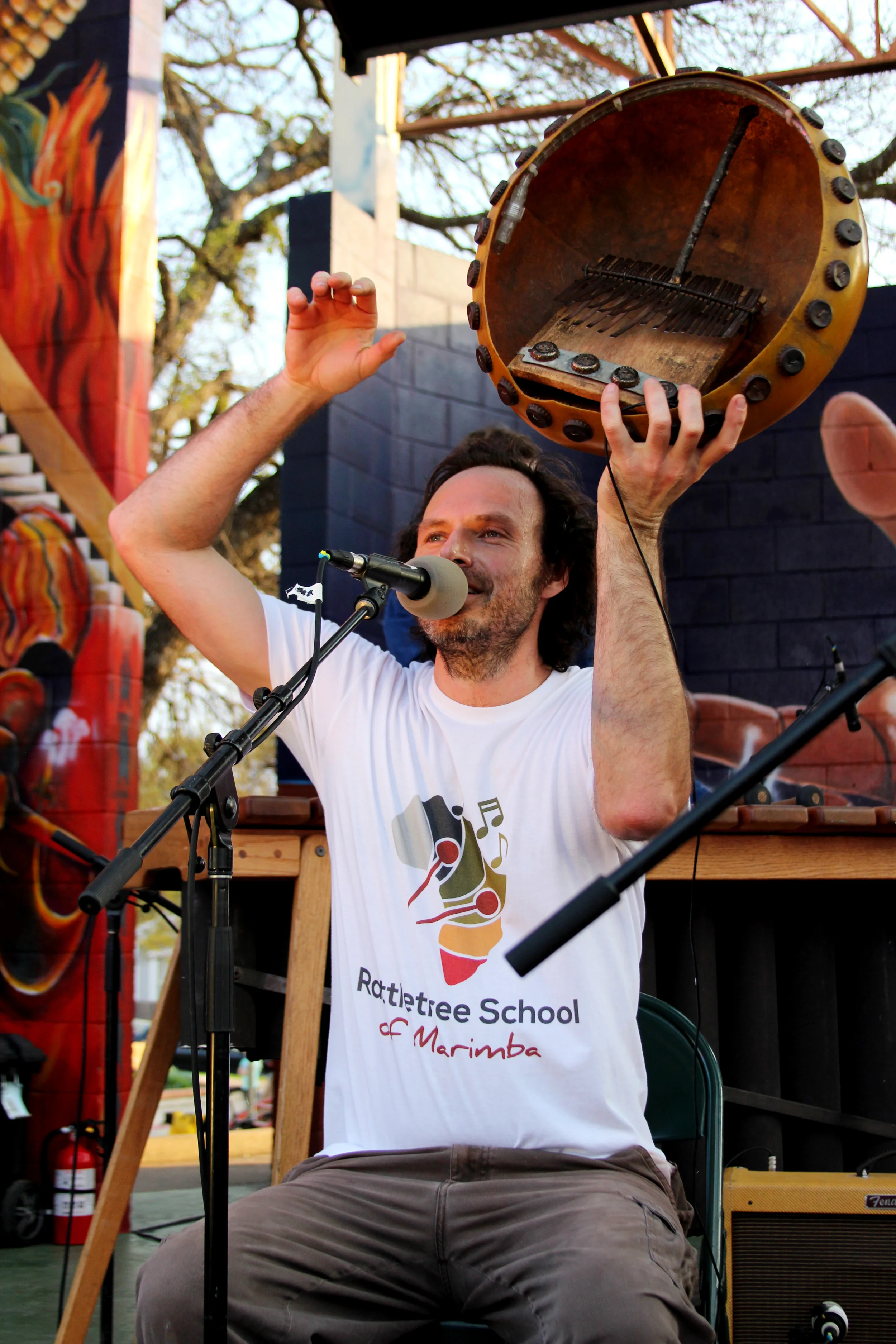 Joel Laviolette displays an authentic African instrument that he performs with at the Oswaldo A. B. Cantu Pan American Recreation Center. Photo by Tess Cagle