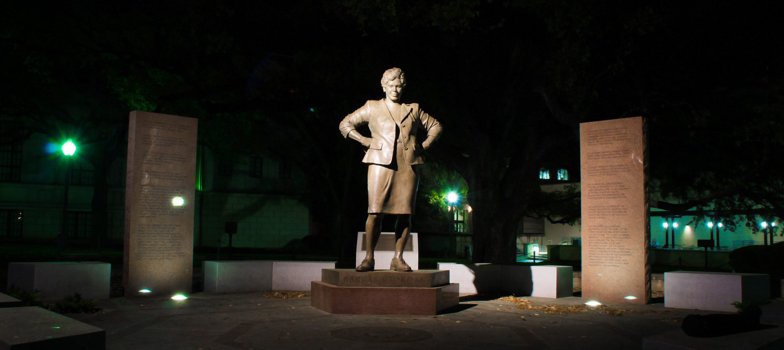 The statue of Barbara Jordan, lawyer, politician and leader in the Civil Rights Movement, stands prominently.