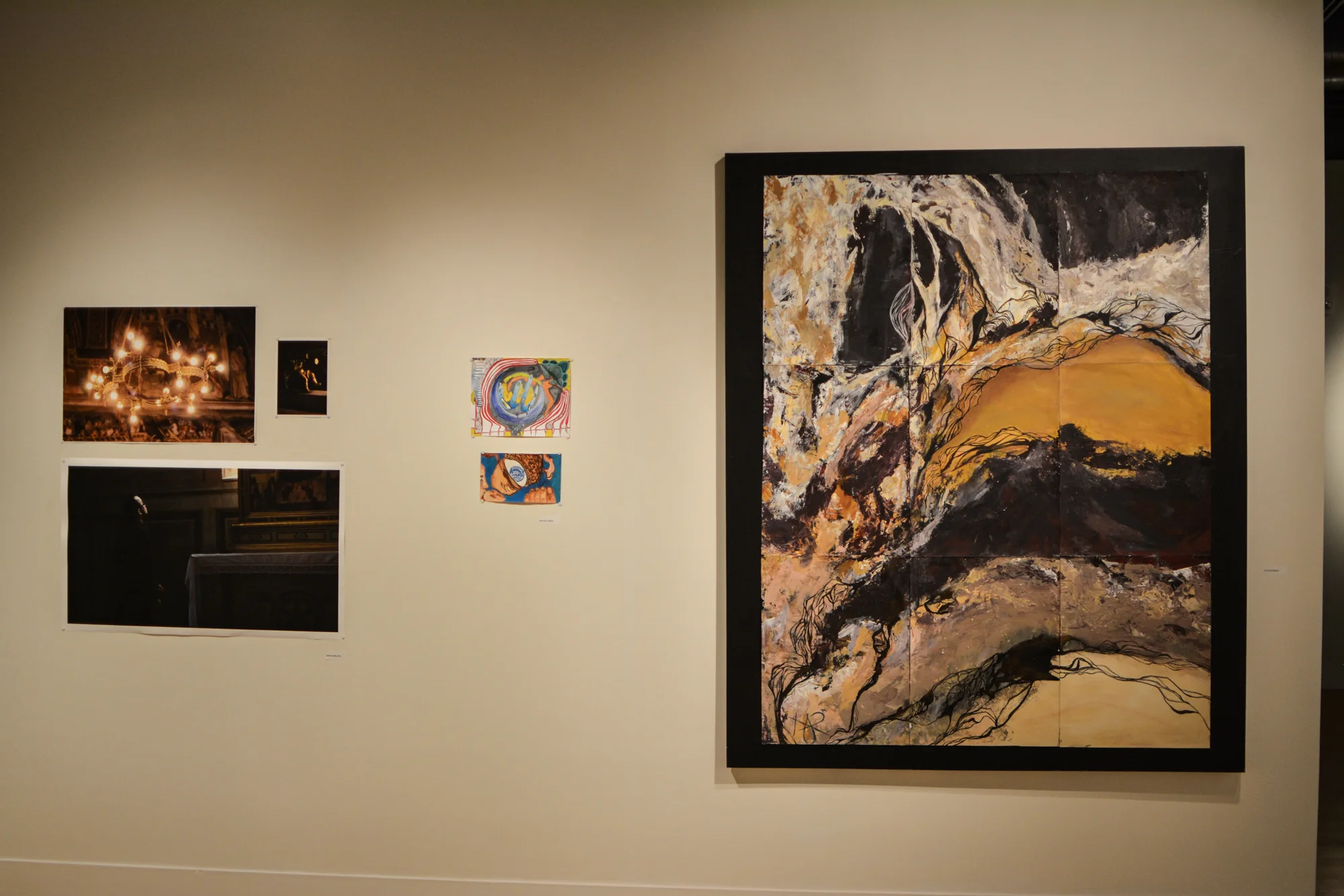 The pieces displayed in the Study Abroad Art Show in the Visual Art Center vary in size and material.