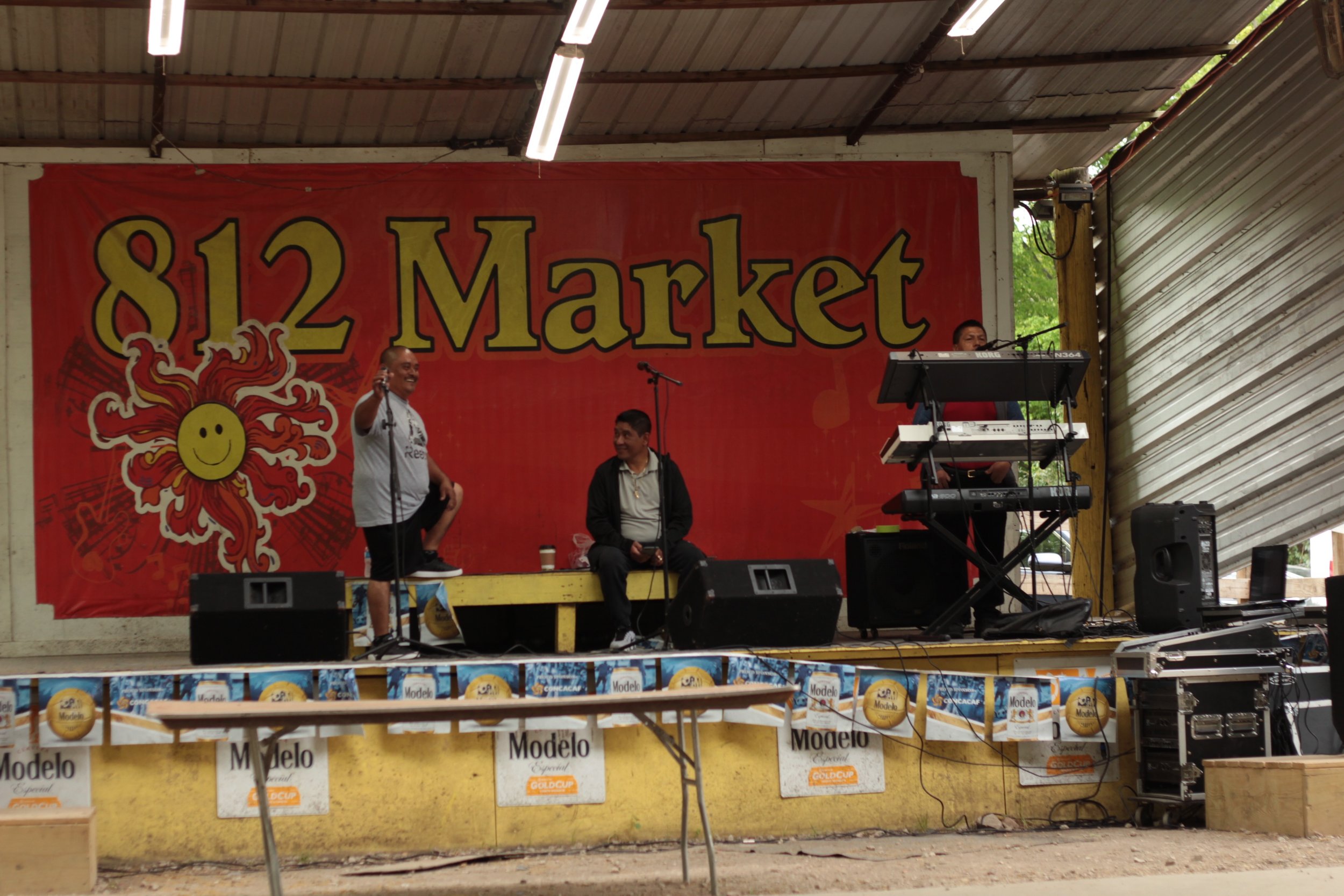 Performers at the 812 Market prepare for a live show before rush hour. Here, they play a variety of Mexican banda music that shoppers can sing along to.