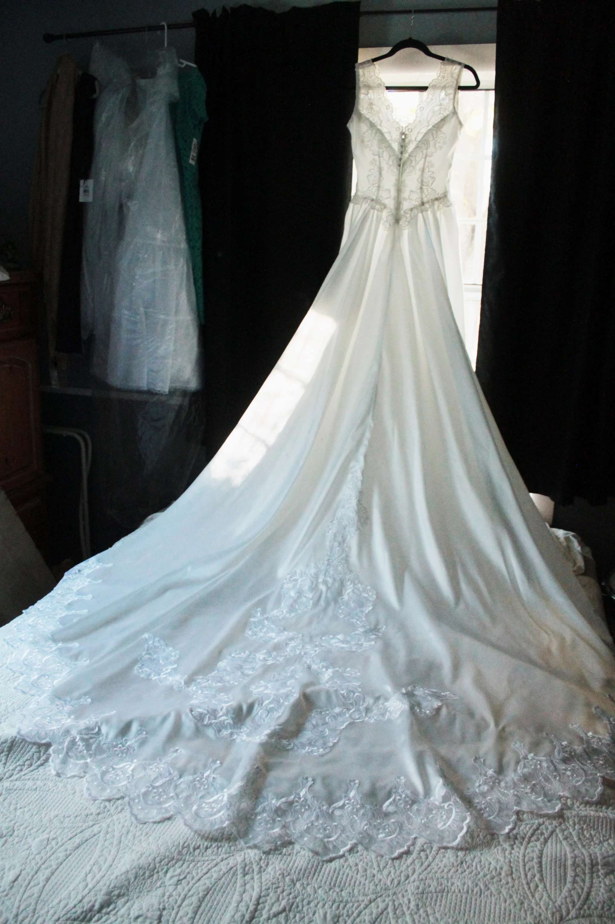 There are so many reasons why this image is awesome. First off, it was from my first wedding. Second off it was the bride's mother's dress altered and modernized and I love a dress with a story! Thirdly, it just looks stunning hanging over the bed!
