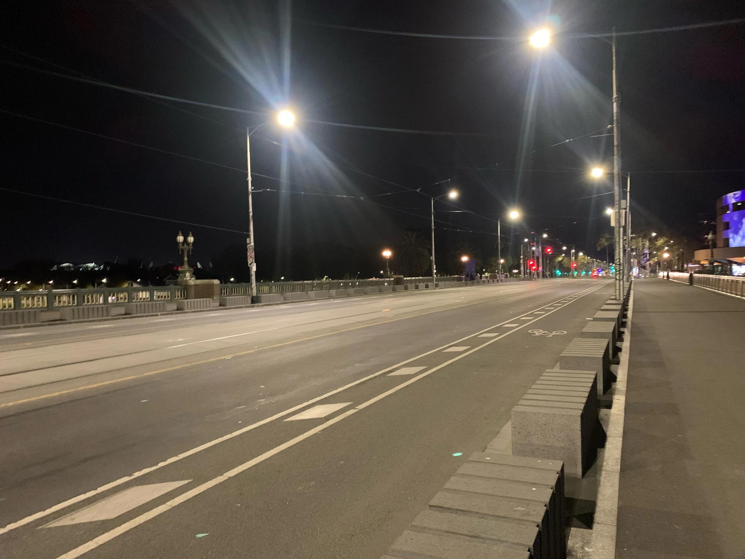 A fairly barren St Kilda Road- normally hectic at most times of the day, it’s literally deserted! (Sunday 6 June)