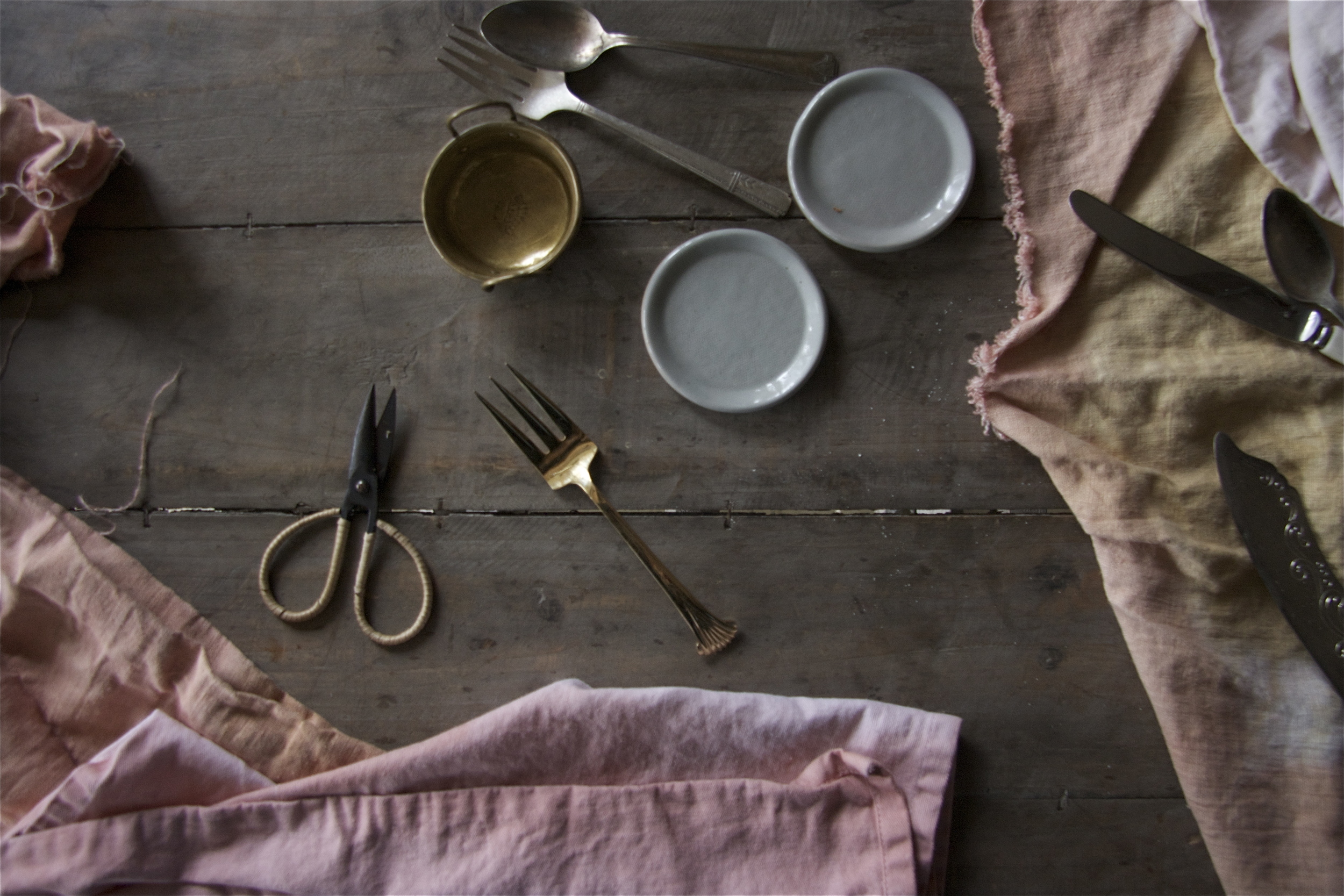 Linen and cotton napkins hand dyed with lemon scented gum leaves and ground acacia bark
