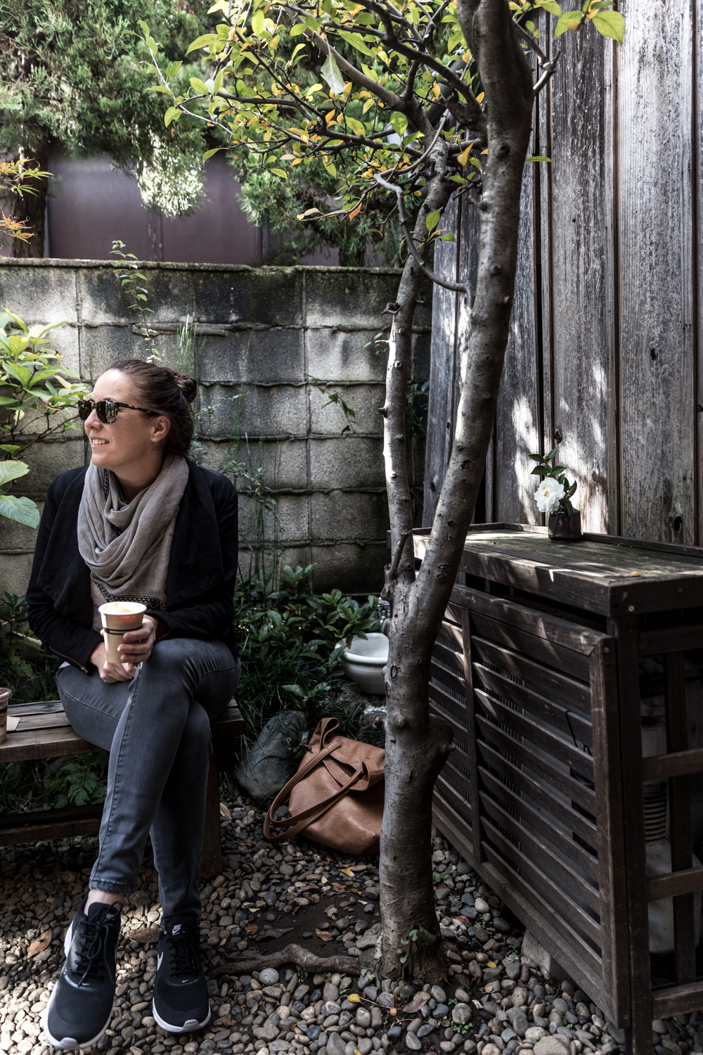 Amy in the courtyard garden at Omotesando Koffee