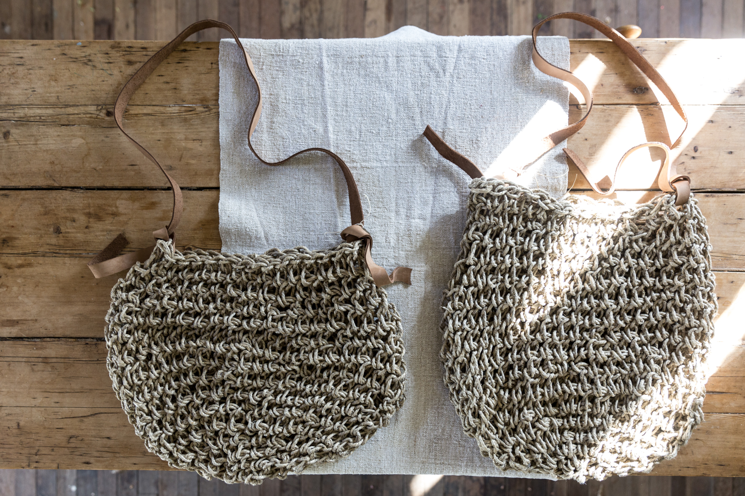 The Flax Sacs - the standard size bag on the left and the larger "sac" size on the right, handmade by Mr and Mrs Charlie in Australia