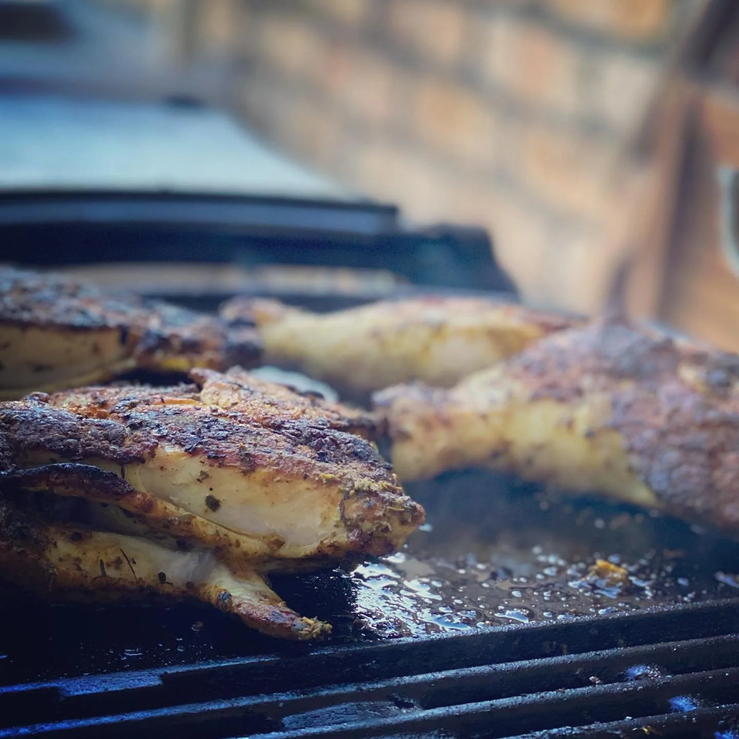 Free range, organic, lemon &amp; herb butterfly chicken from local ethical farms on the bbq for 27 mins (18 on the non skin side). Juicy and tender from the thigh to breast.