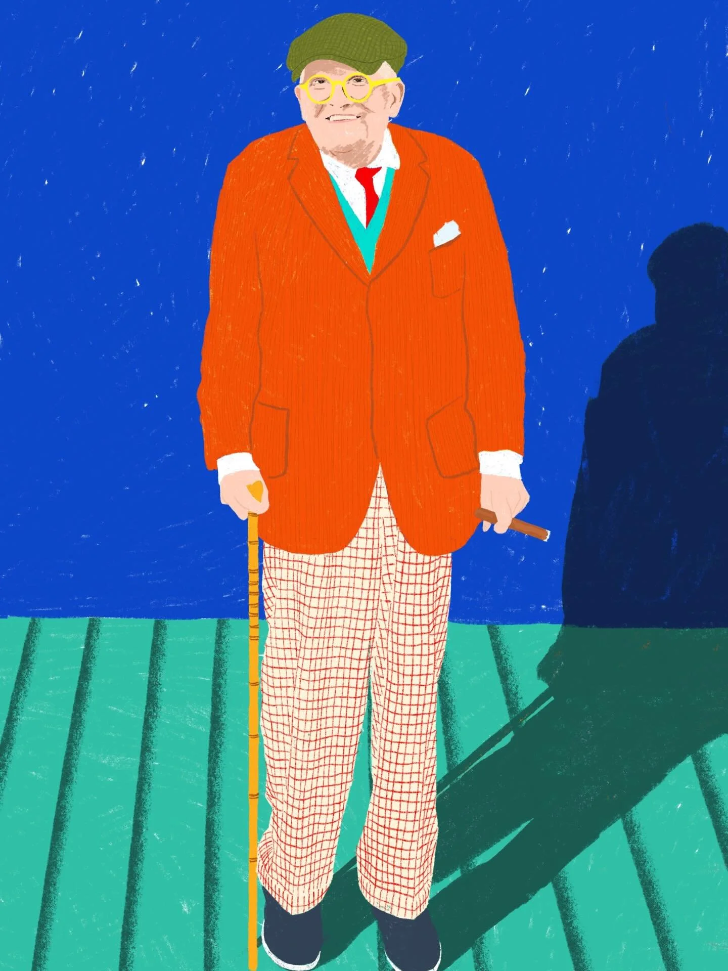 Here&rsquo;s an illustration I recently made of David Hockney. 
I love the way Hockney plays with colour, unapologetically, making even the simplest scenes feel special. His work reminds us that the ordinary can be extraordinary if you look closely e