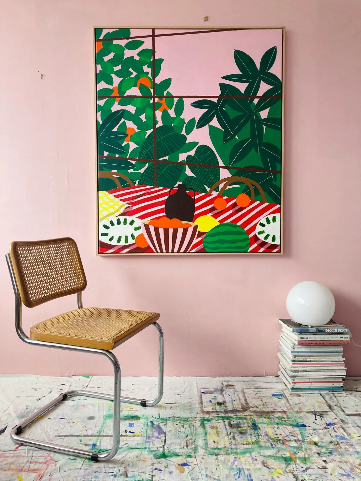 Original painting on canvas in the studio, chair for scale. 🍊🪑 This one is part of my studio sale!
 ⏳ Limited time
💌 DM for full list and details or if you&rsquo;re already on my mailing list check your inbox! 
.
.
.
#StudioSale #OriginalArt #ArtC
