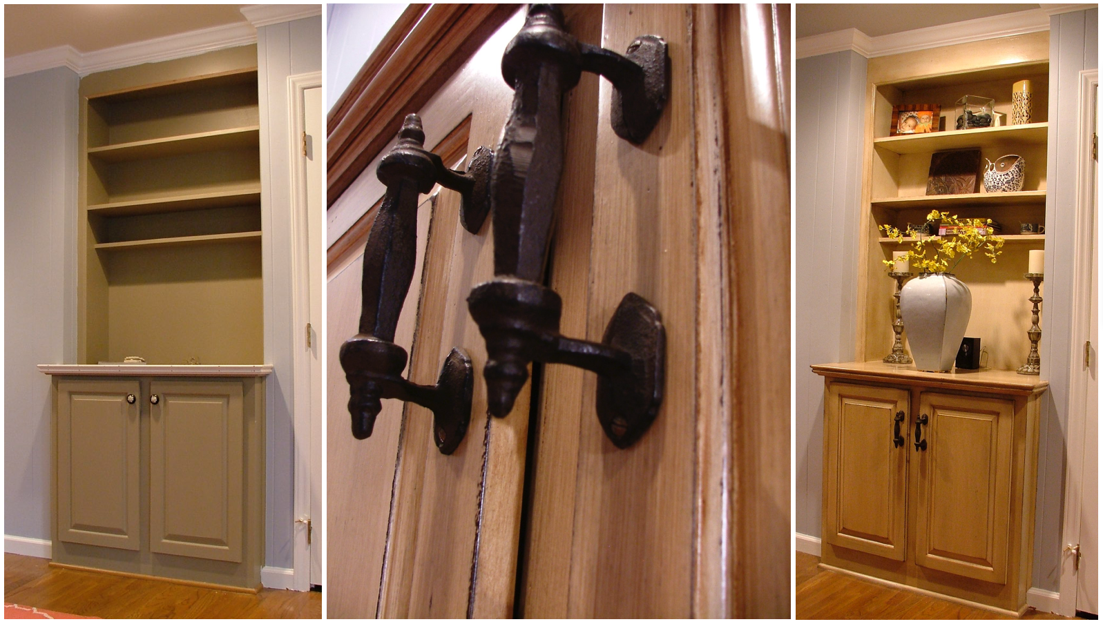 This boring built-in cabinet on the left found new life with an old-world feel by adding hand made, blacksmith style hardware to a glazed and distressed finish. We found this hardware at Hobby Lobby .
