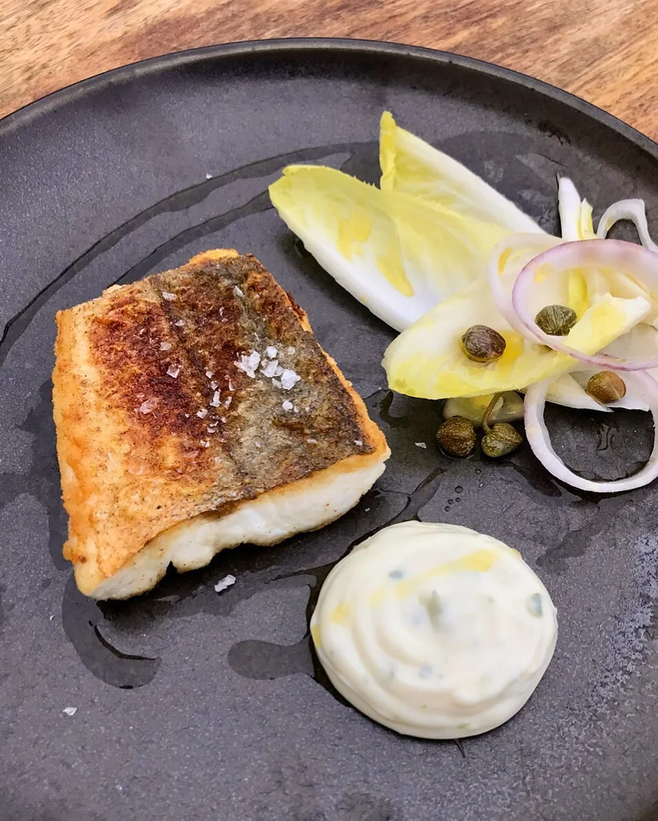 Brixham Hake, pickled chicory, Devonnaise &mdash;

Stray from cod, haddock, salmon...
and go for Hake. 

Cod is fished around Iceland&mdash; Salmon is being over farmed...
If you want a Wild fish from UK waters you&rsquo;ve got to eat Hake... this is