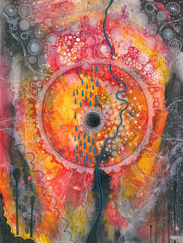 Eye of the storm , colored drawing ink and gelly rolls on 27x36cm paper.
