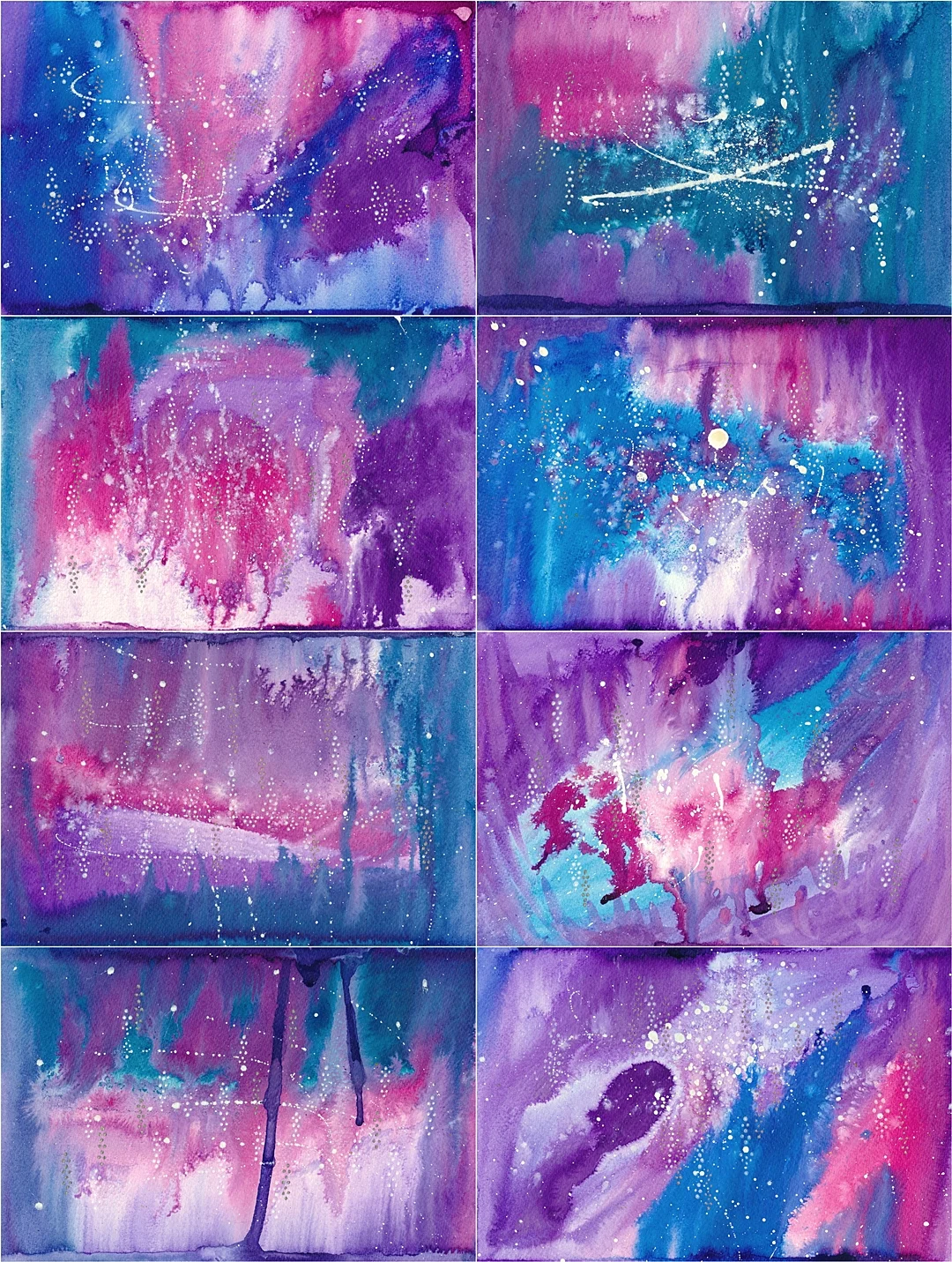 Blue/purple backgrounds, done with ink, they are 18x24cm in size.
