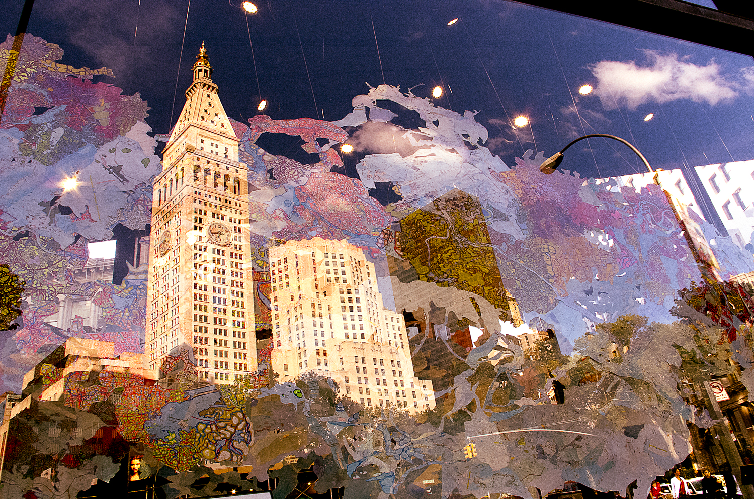  Madison Square viewed through Flatiron Prow Art Space installation “Random Land” by Rebecca Riley 