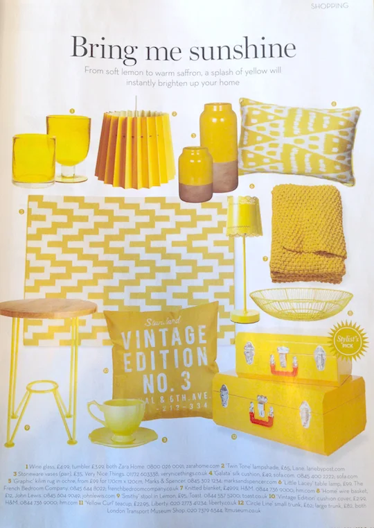YELLOW TWIN TONE LAMPSHADE IN SHOPPING PAGES OF HOMES & ANTIQUES We were delighted to see the yellow Twin Tone Lampshade in the Shopping pages of Homes & Antiques this month! Their ‘Bring me Sunshine’ page featured a plethora of exciting design items in all shades of yellow. We were even more pleased to see our lampshade sitting alongside products from Zara Home, Marks & Spencer, Very Nice Things, French Bedroom Company and Liberty, to name a few.