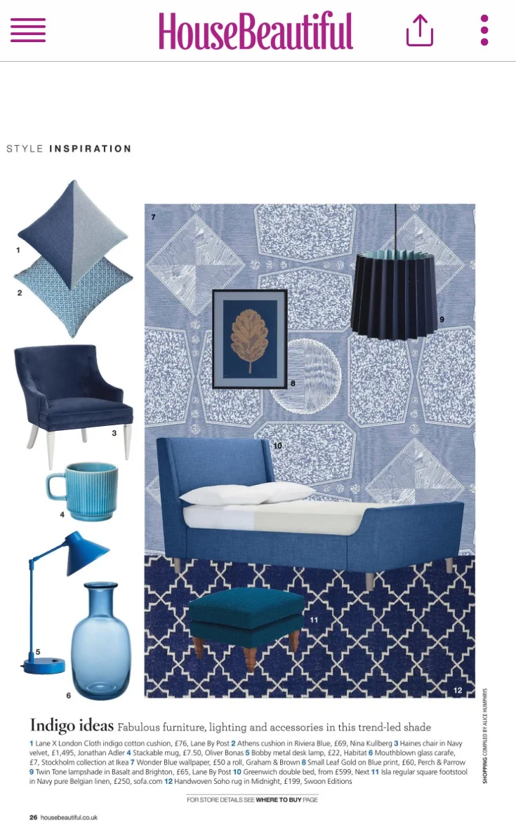 House Beautiful, Indigo Cotton Cushion and Basalt & Brighton Twin Tone Lampshade, June 2017