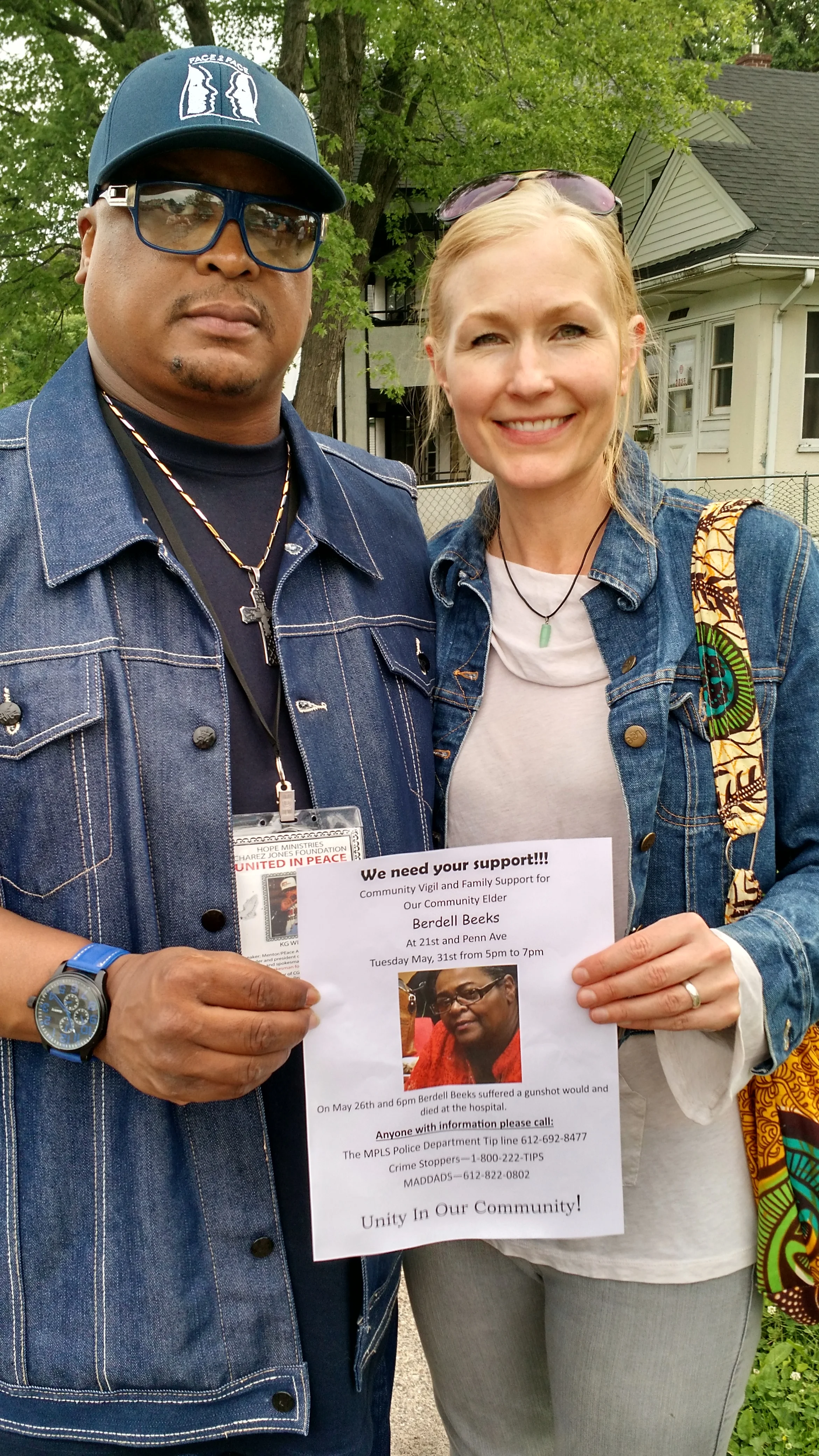 North Minneapolis peace activist (and friend) Kay G Wilson and me at Birdell Beeks' vigil.