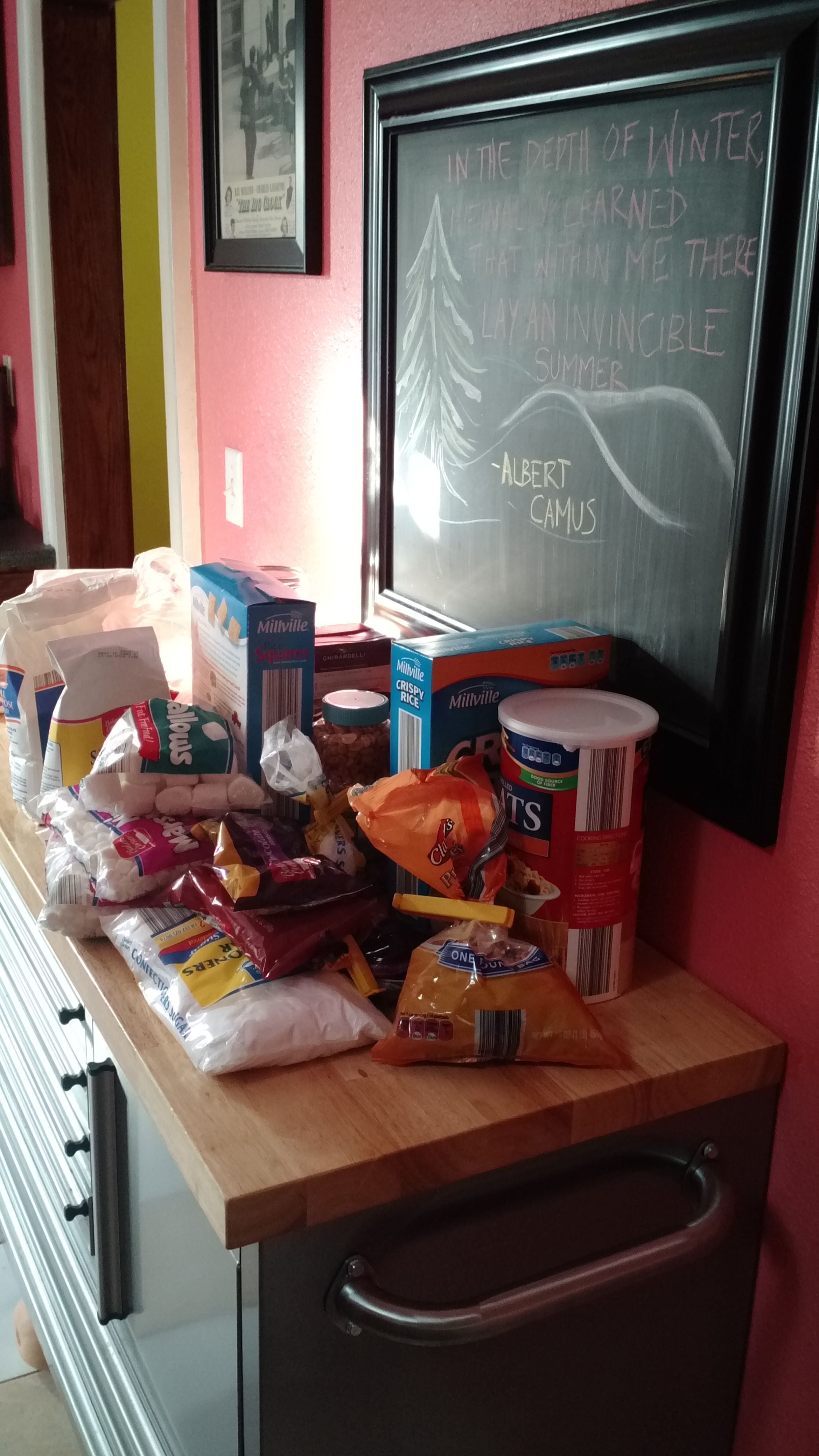 A pile of ingredients for the baking. (Hey, I spy a butternut squash peeking out from under this cabinet!)