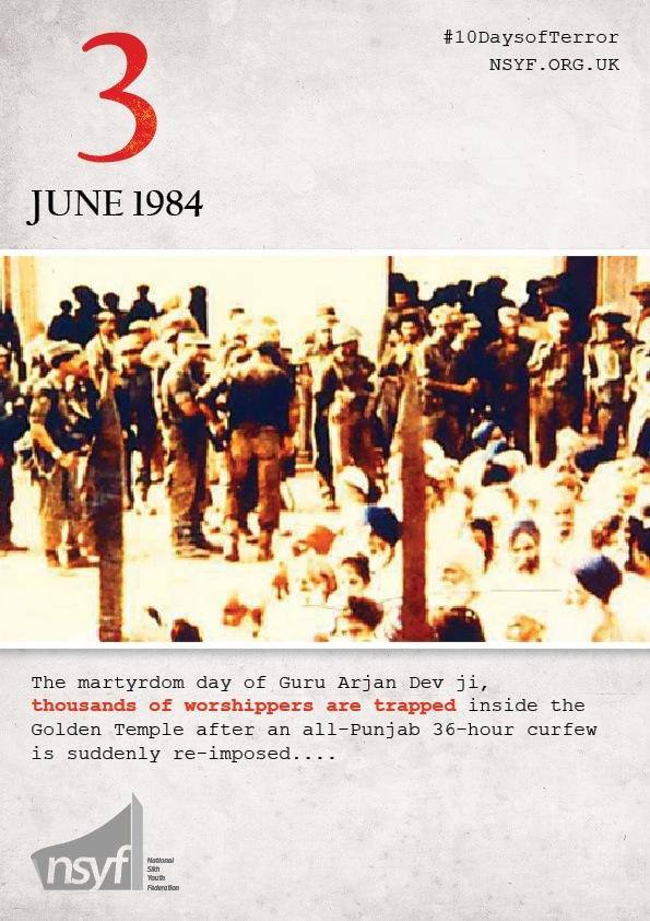 Indira Gandhi makes an address for peace to the nation, in the full knowledge that on her orders tens of thousands of army troops are planning to launch a full scale war against a mass of unarmed civilian targets inside and around the Complex. As she makes the address, those Sikhs murdered on the 1st June (Bhai Mengha Singh pictured) by soldiers on her command, are cremated. The telephone connections of the Golden Temple Complex are disconnected. The few armed Sikhs we see make up only a fraction of the population of Punjab. The Government also cuts off the entire Punjab State to the outside world, ensuring there are minimal witnesses to the carnage which is about to be unleashed upon it population.