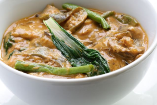 Dinner: Kare Kare: A traditional Filipino stew made with garden fresh veggies and a zesty organic peanut sauce, served with organic red rice, vegetarian bagoong, and fried bananas