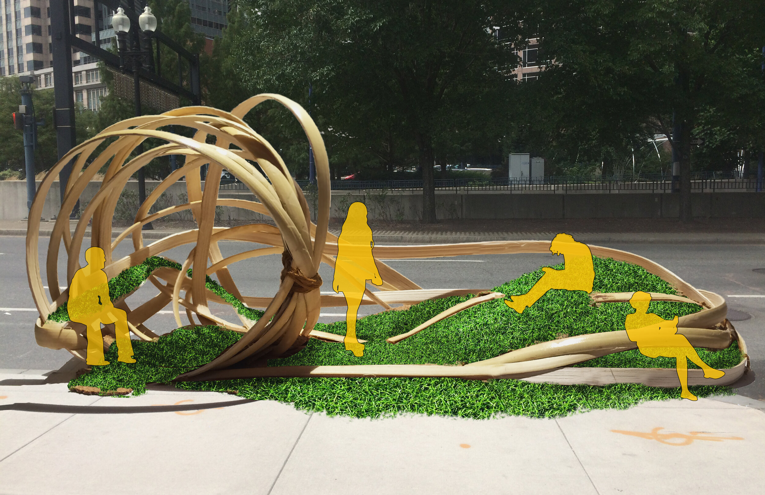 This small scale urban park uses three parking spaces on the corner of Seaport Blvd and Atlantic Ave in Boston, MA. The form weaves unique spaces that provide a variety of seating and lounging. The bending wood and turf materials provide a playful