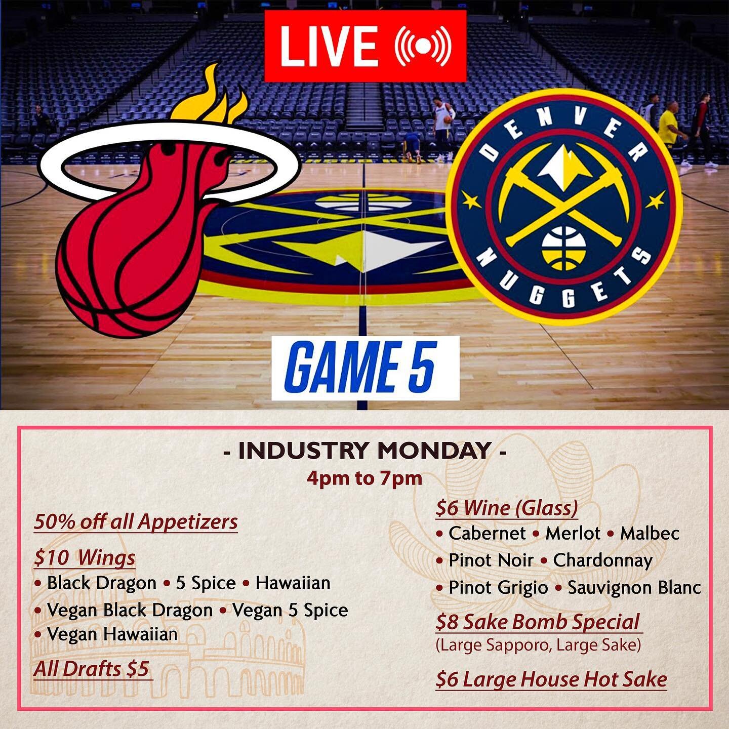 We will be showing game 5 on our projector &amp; big screen at 5:30pm AND we have a lot of specials going on! Come hang. 🏀🔥⛏️🍣🍕🍶🍺
.
.
.
#cinkuni #northparksandiego #nbafinals #bigscreen #appetizers #wings #chickenwings #sushi #sushiaddict #supp