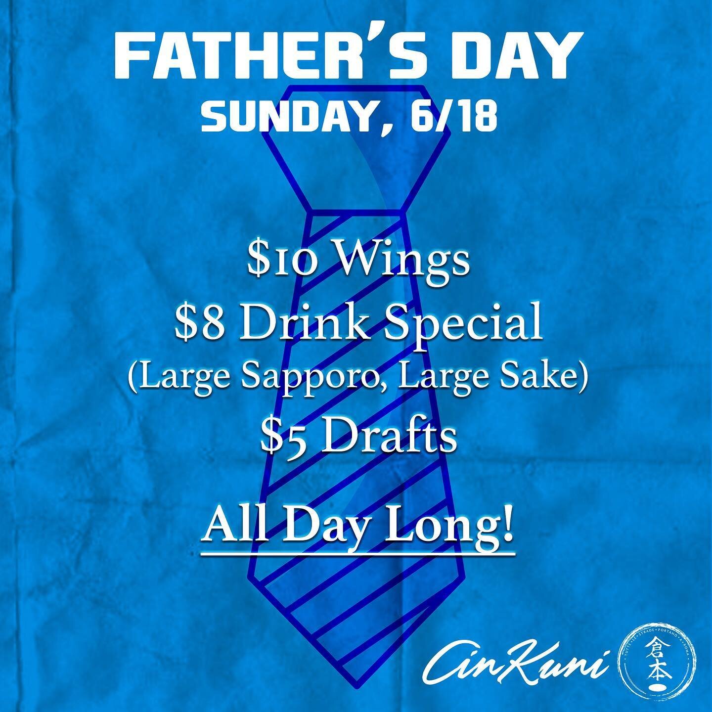We&rsquo;ve got these promotions running for you all Sunday long (just bring your dad)! 

Click the link in our bio to make a reservation 👔🍺🍶🍗
.
.
.
#fathersday #dadsday #dad #sundayvibes #sundayfunday #craftbeer #hotsake #sakebomb #chickenwings 