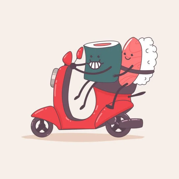 Cute nigiri sushi on a vepsa illustrating our various options for delivery to your home or office