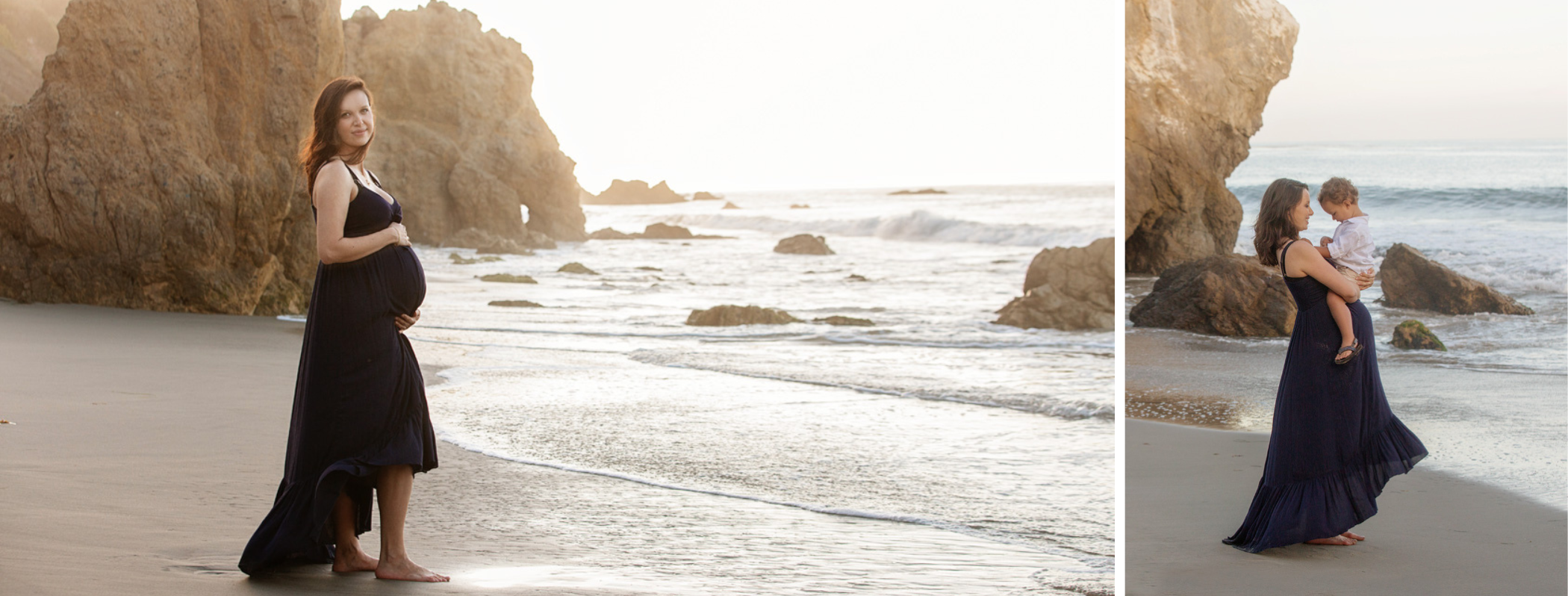 Pregnant woman on beach in long dress, standing by rocks, and holding young child, ocean in background. This photo is an example of maternity photography for Julie Campbell Photography.