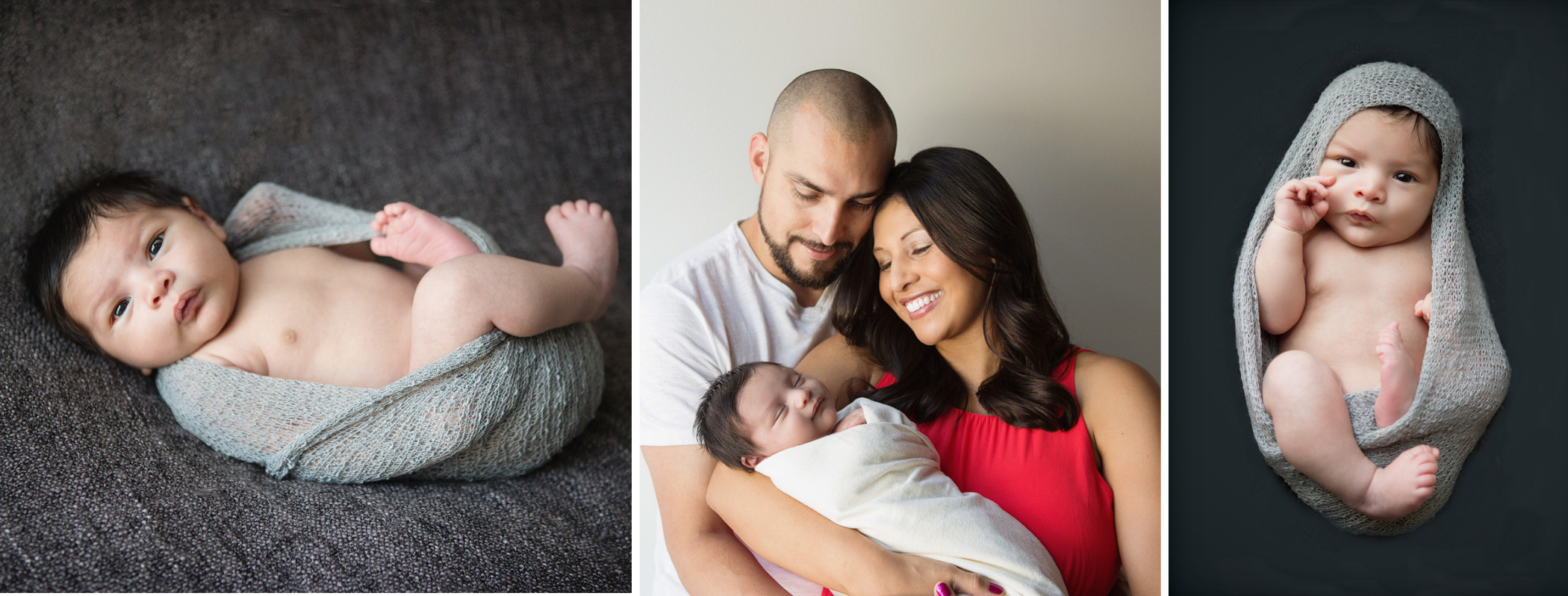 Collage of three images: a baby wrapped in a gray blanket on the left, a couple holding a baby in the center, and the baby wrapped in a gray netting on the right. Example of newborn photography for Ventura county photographer Julie Campbell