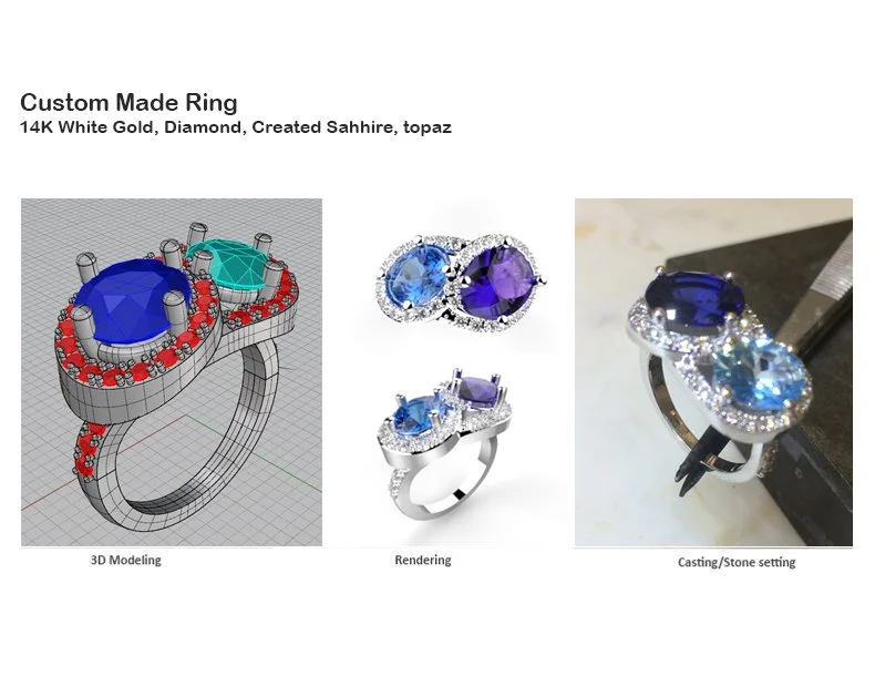 Double Halo Ring — 14K white gold, diamond, created sapphire, and topaz