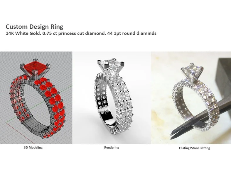 Diamond Eternity Ring — 14K white gold, 0.75ct princess-cut diamond with 44 round accent diamonds